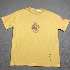 VTG Bobbie Brooks T Shirt Women's Medium Yellow Embroidered Top Grandma Core